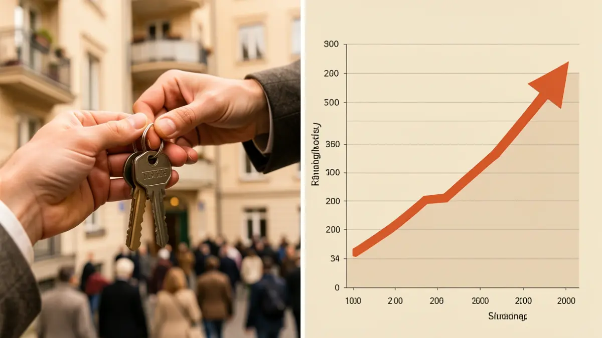 Split image: hand with keys in front of building and housing cost graph.