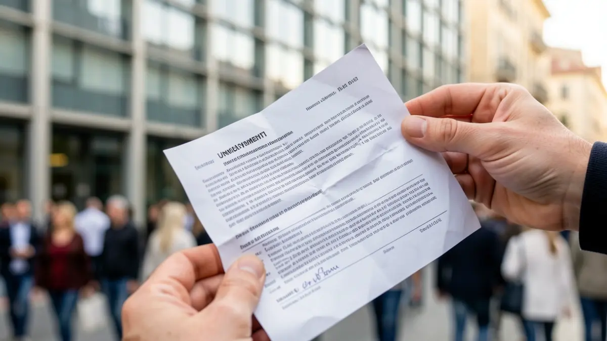 Generic image of unemployment paperwork in front of an office building.