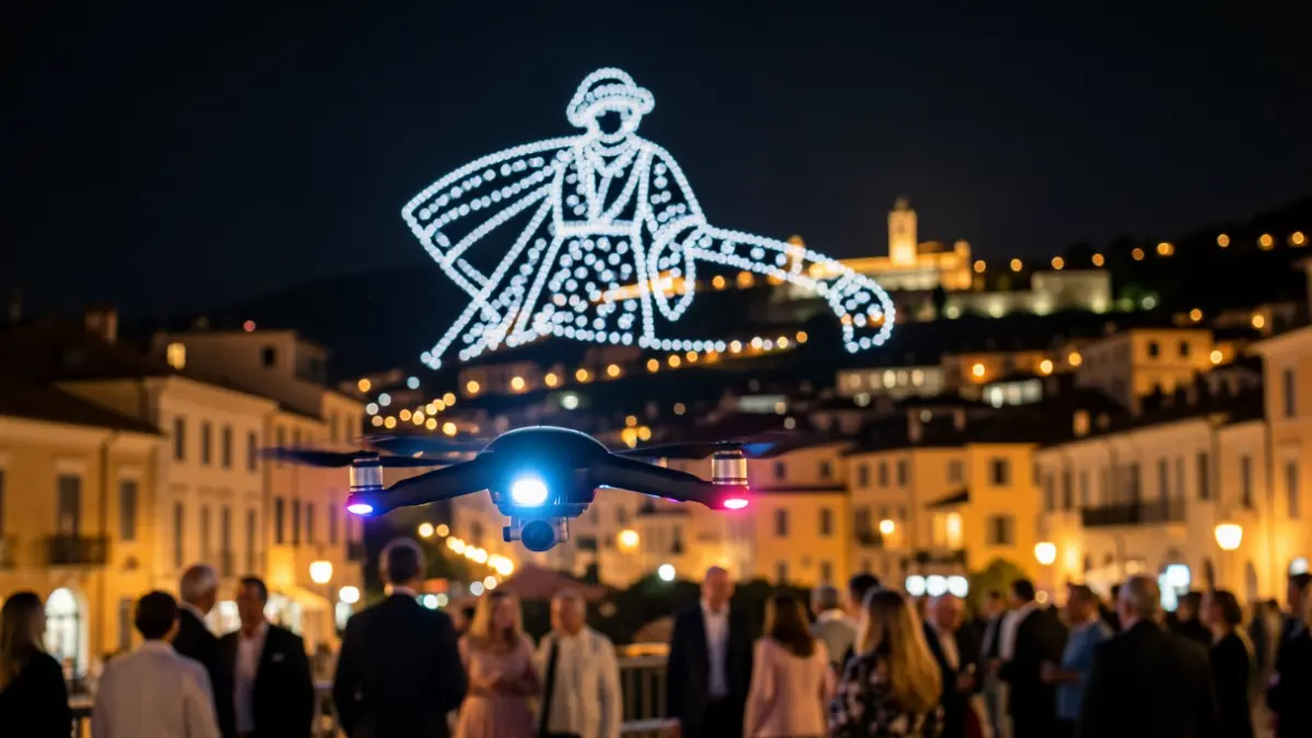 Imagen genérica de drones formando una figura en el cielo nocturno.