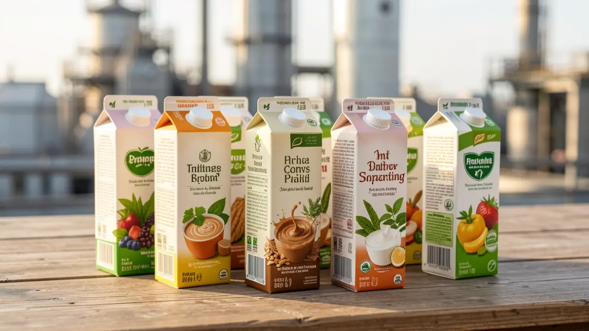 Image of plant-based beverage products on a wooden table.