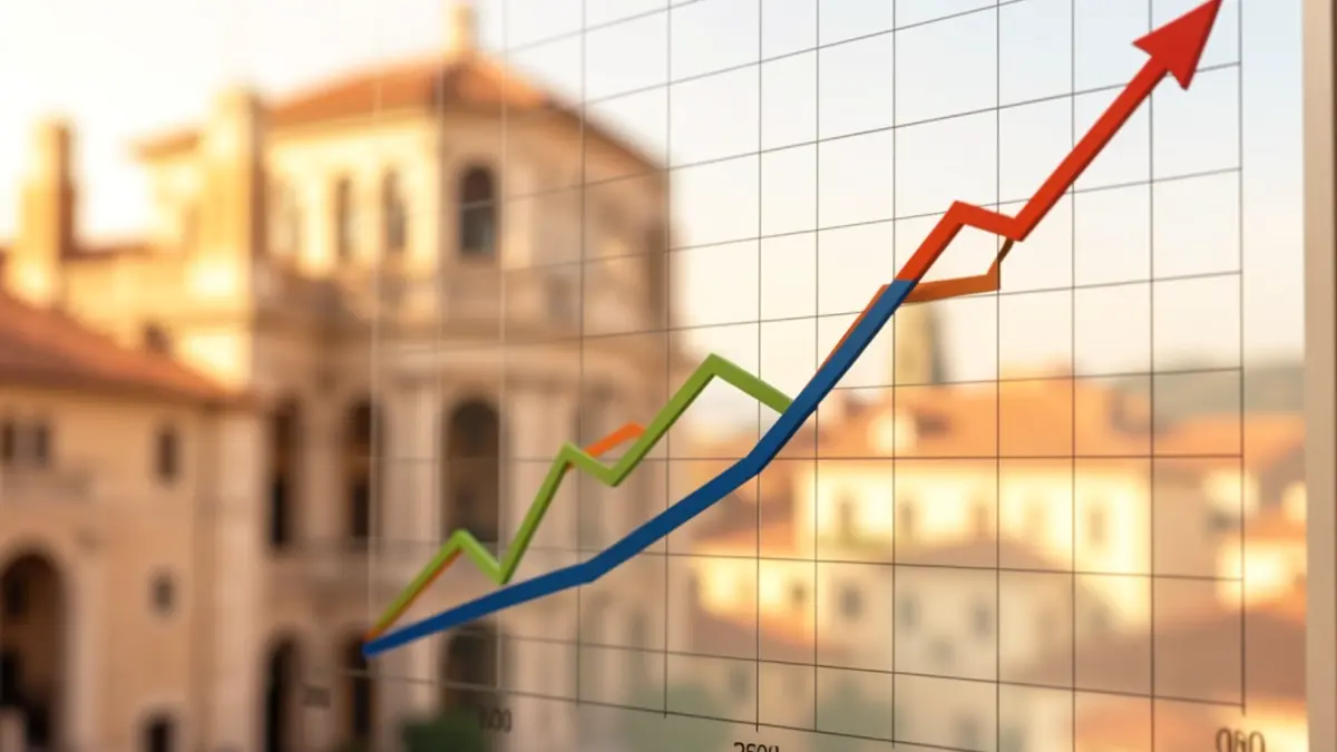 Generic image of an economic graph with Mediterranean architecture in the background.