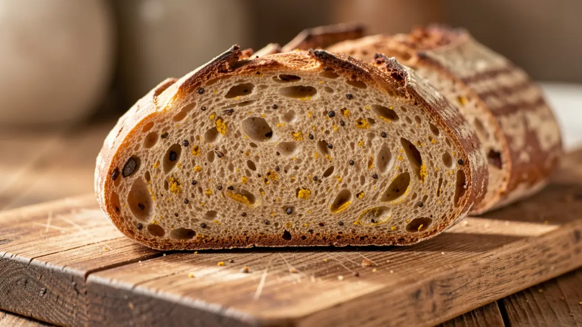 Slice of artisanal bread with turmeric and black pepper.