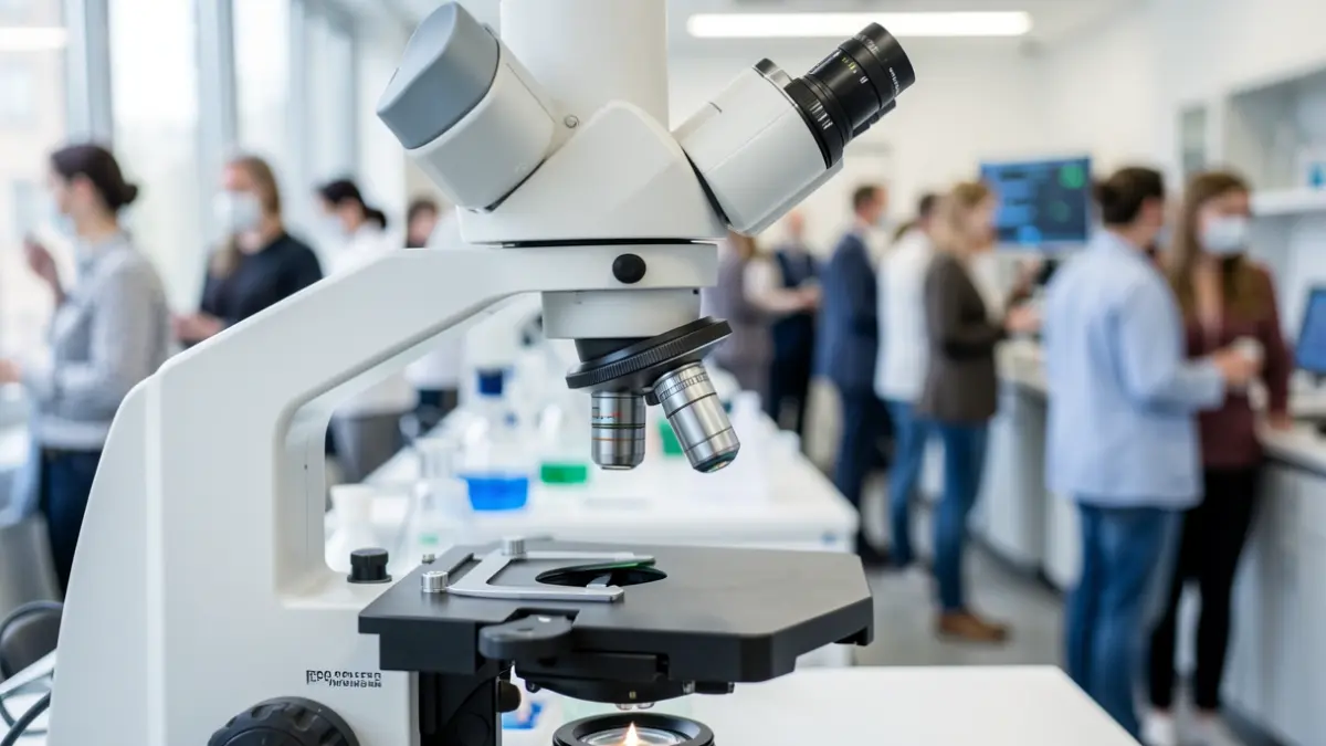 Imagen genérica de un microscopio moderno con interfaz digital.