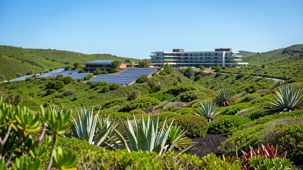 Imagen genérica de un paisaje volcánico de Gran Canaria con un hotel sostenible y vegetación subtropical.