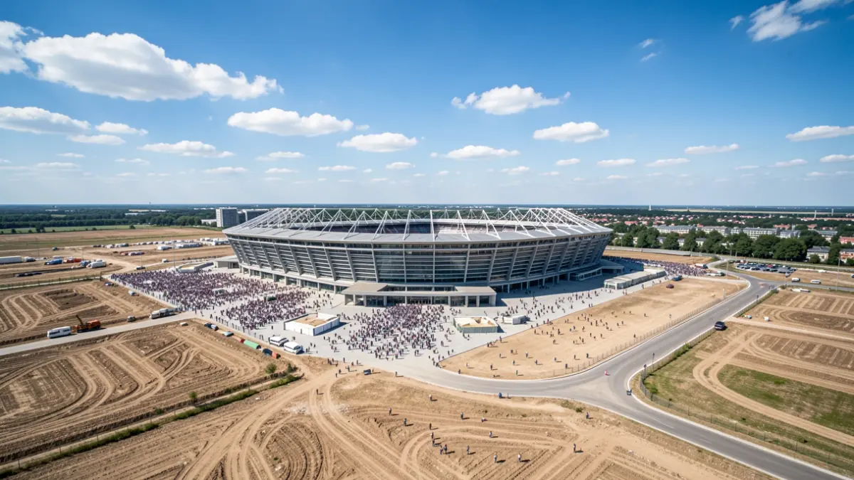 Aerial view of a large stadium complex with adjacent undeveloped land, suggesting future developments.