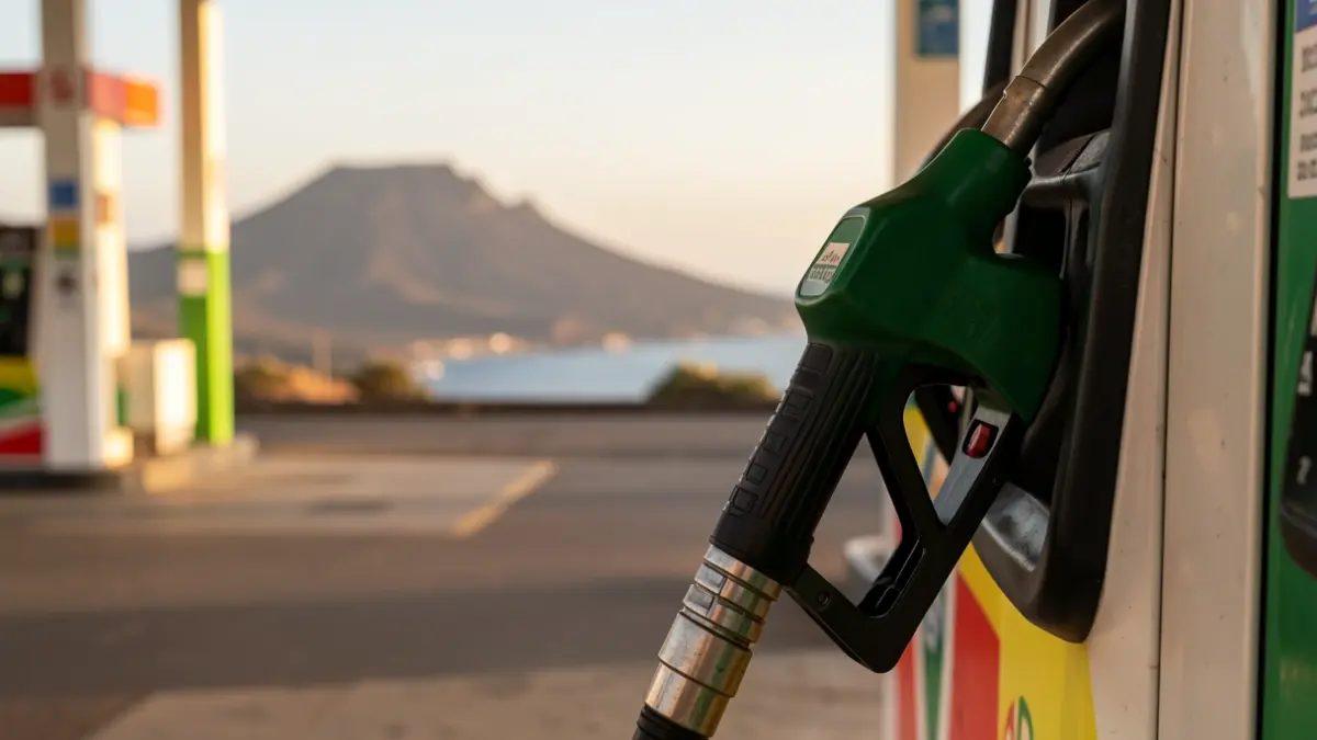Primer plano de una manguera de surtidor de gasolina con el paisaje volcánico y el océano de Canarias al fondo.
