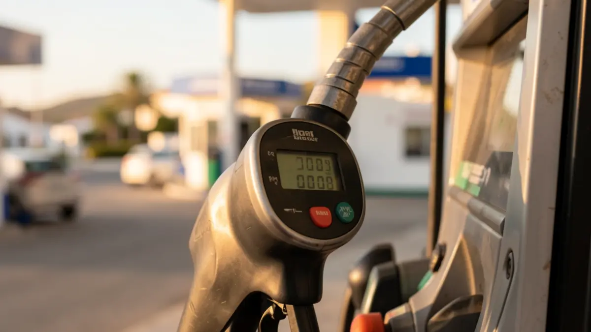 Primer plano de una manguera de gasolinera con precios visibles, fondo difuminado de una estación de servicio en Canarias.