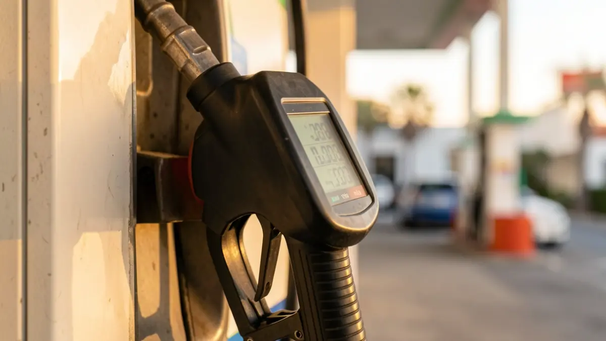 Generic image of a fuel pump nozzle with visible prices.