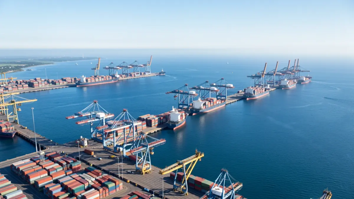Imagen genérica de un puerto con barcos y grúas.
