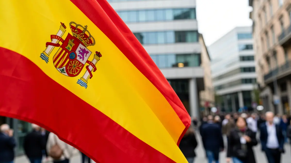 Detalle de las franjas rojas de la bandera española con un edificio de oficinas moderno en Madrid desenfocado al fondo.
