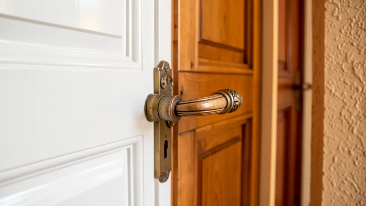 Primer plano de un pomo de puerta de madera con detalles intrincados, sobre un fondo de diversos acabados de puertas como blanco lacado, madera teñida y superficies texturizadas. Iluminación interior cálida y acogedora.