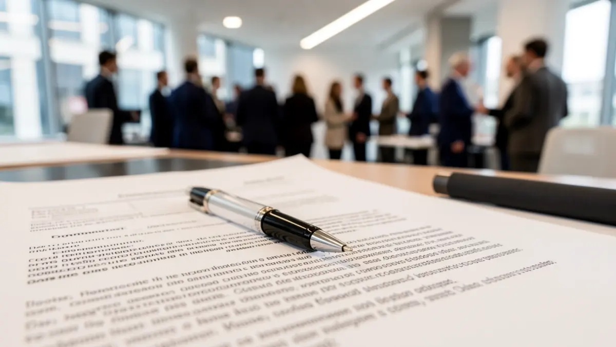 Generic image of a contract and a pen on an office desk.