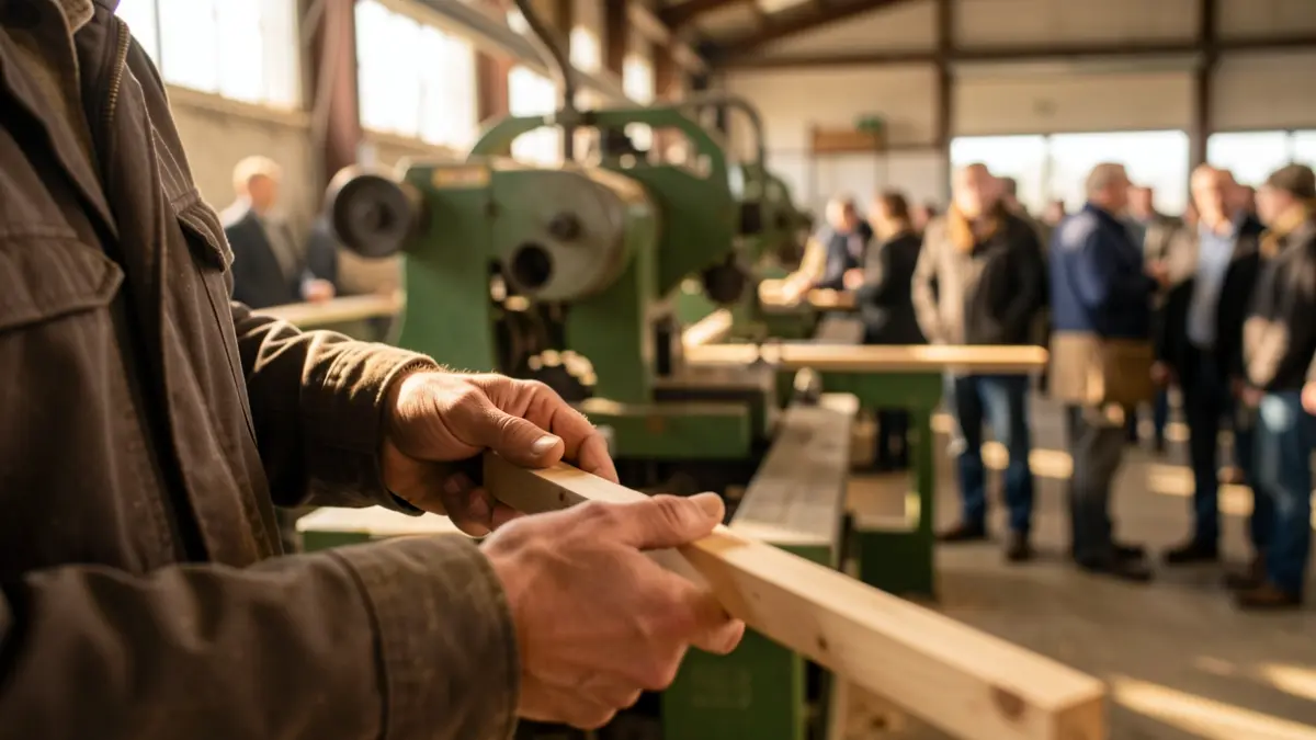 Manos de un trabajador sujetando un trozo de madera, con maquinaria industrial borrosa al fondo.
