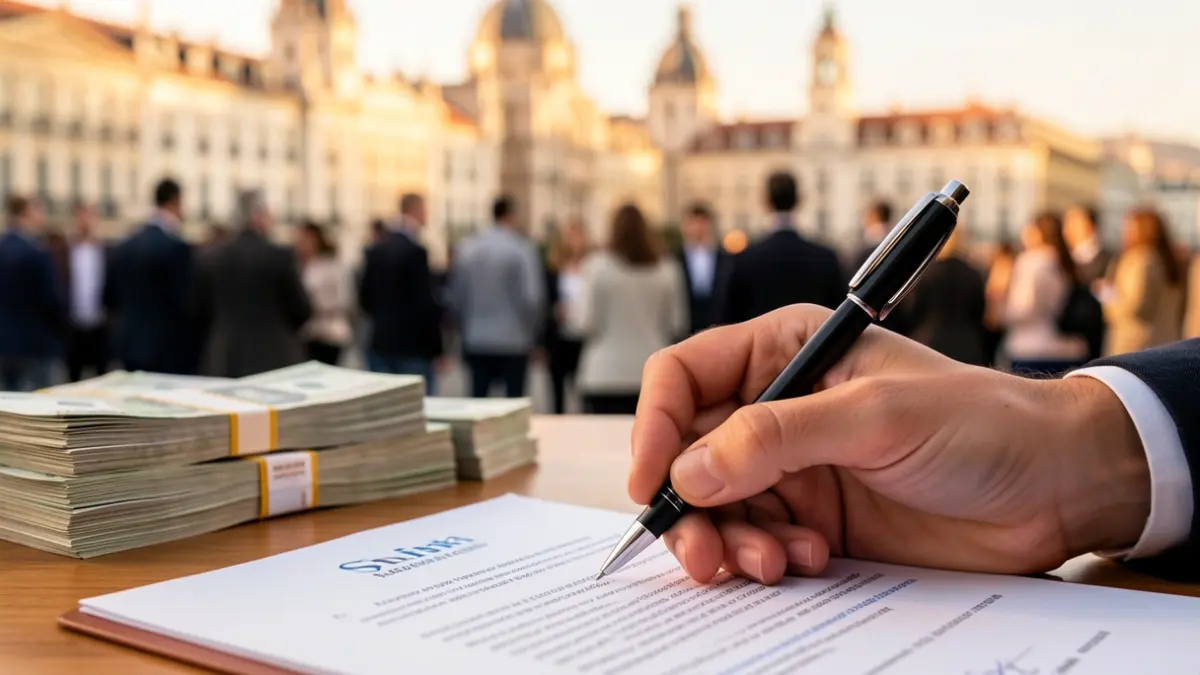 Imagen de una mano firmando un documento con dinero y el perfil de Madrid al fondo.