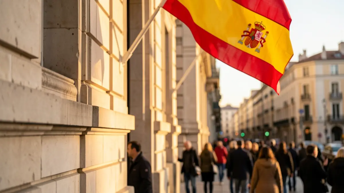 Detalle de la fachada de un edificio gubernamental en Madrid con la bandera española.