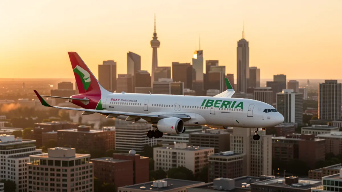 Iberia airplane flying towards Toronto at sunset.