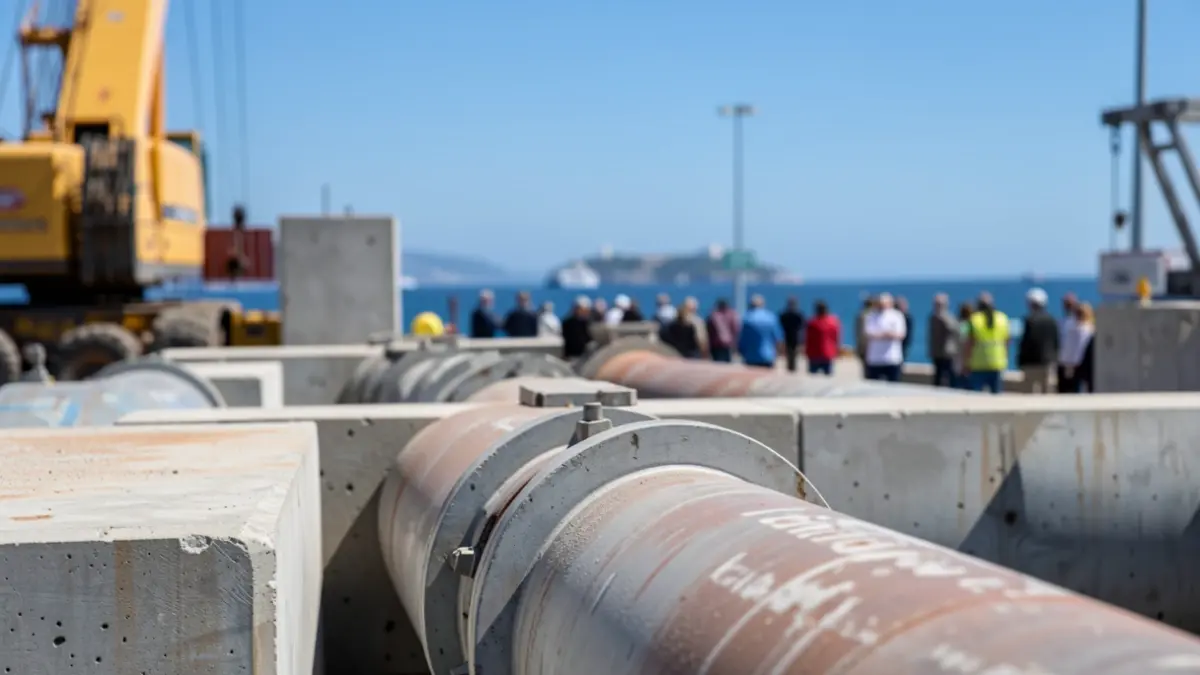Generic image of construction pipes and concrete structures at a port with the Mediterranean Sea in the background.
