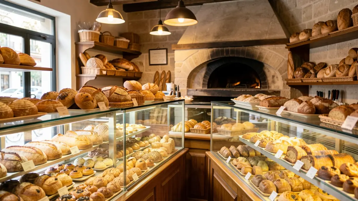 Interior de una panadería artesanal francesa en Madrid con vitrinas de pan y bollería.