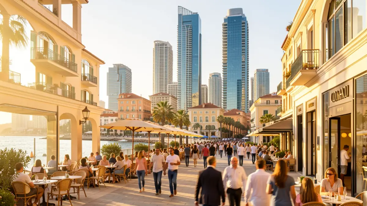 Image of an Andalusian coastal city blending traditional architecture with modern skyscrapers, symbolizing new wealth.
