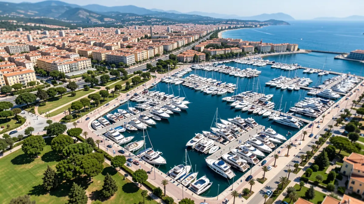 Imagen genérica de una marina moderna con embarcaciones y espacios verdes.