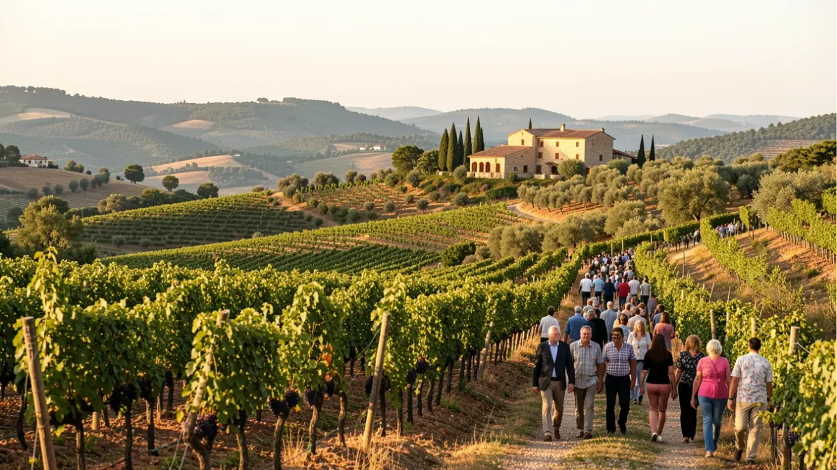 Vineyard landscape with a historic farmhouse in Baix Penedès.