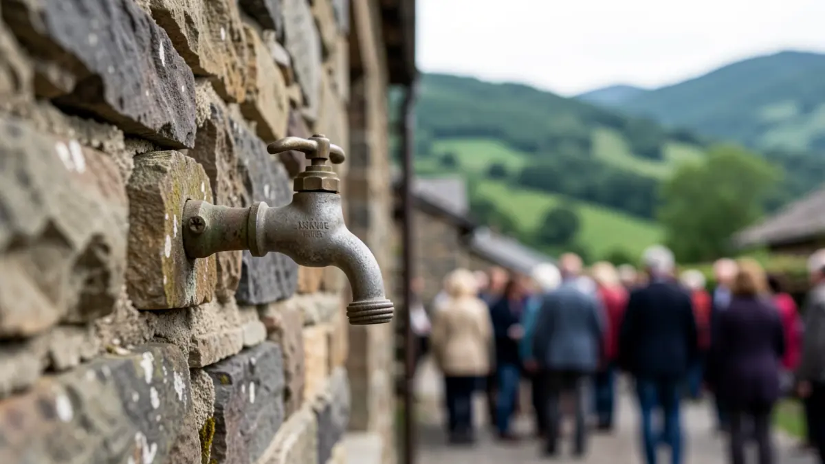 A mountain water tap on the wall of a farmhouse.