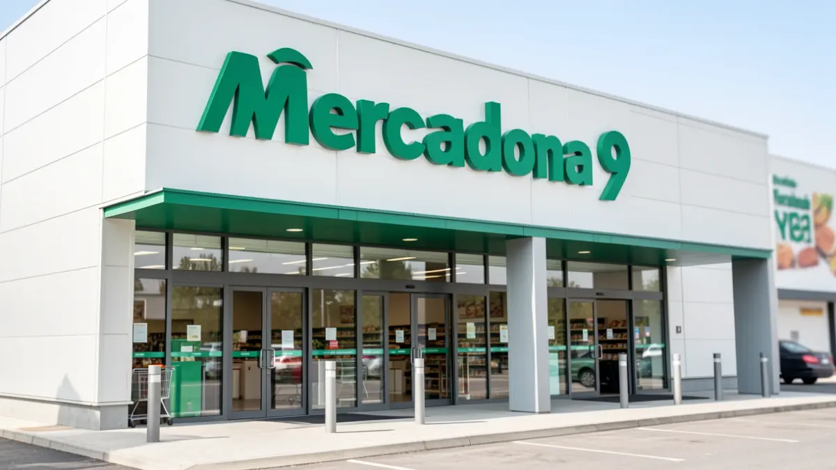 Fachada exterior de un supermercado Mercadona con el diseño de la 'Tienda 9'.