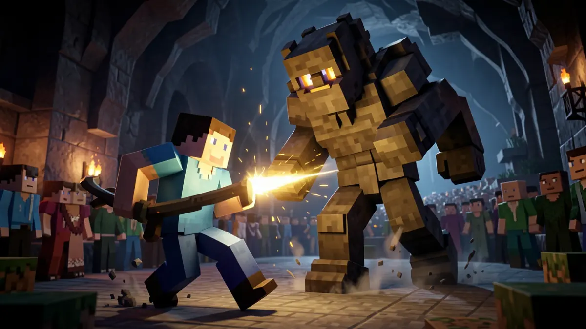 Imagen genérica de un personaje de Minecraft Dungeons luchando contra un monstruo.