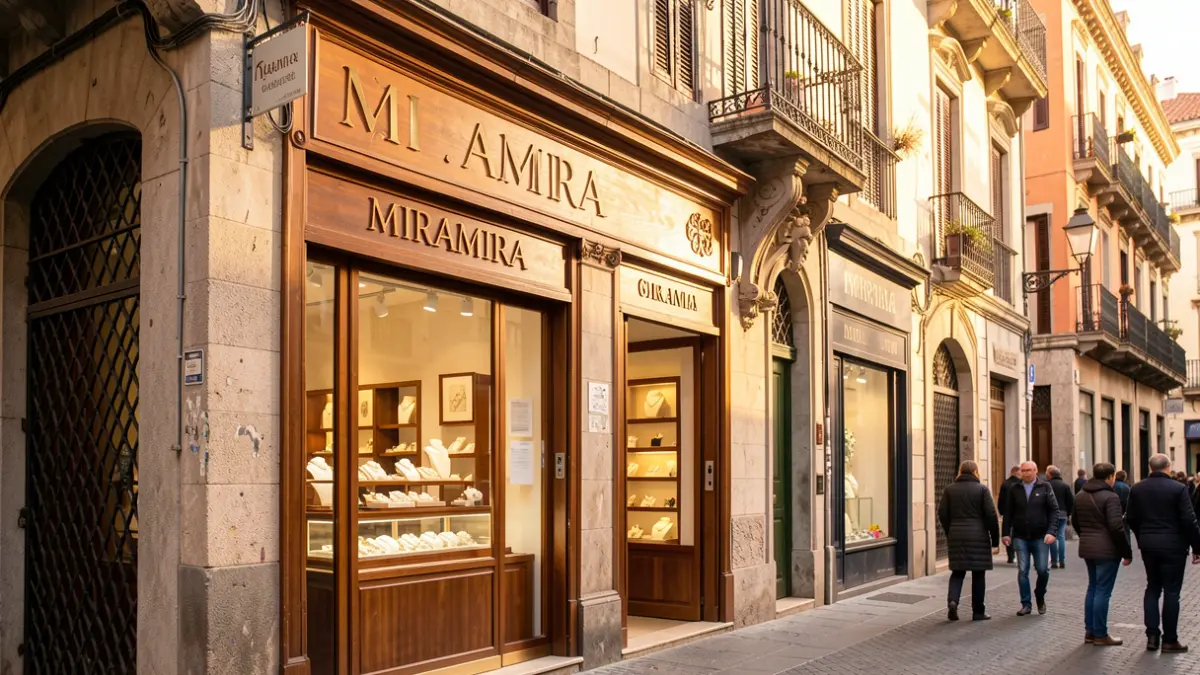 Fachada restaurada de la antigua farmacia de la Estrella en el barrio Gótico de Barcelona, ahora con la joyería Miramira.