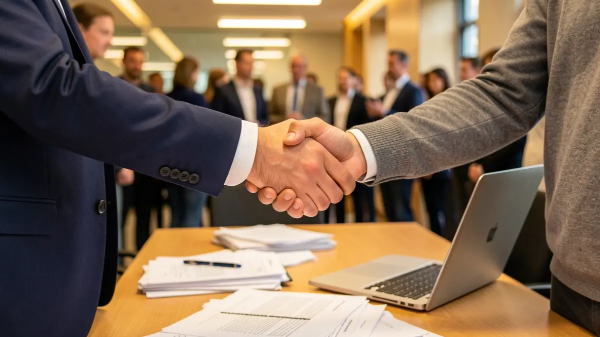 Imagen genérica de dos personas estrechando la mano sobre una mesa de trabajo.