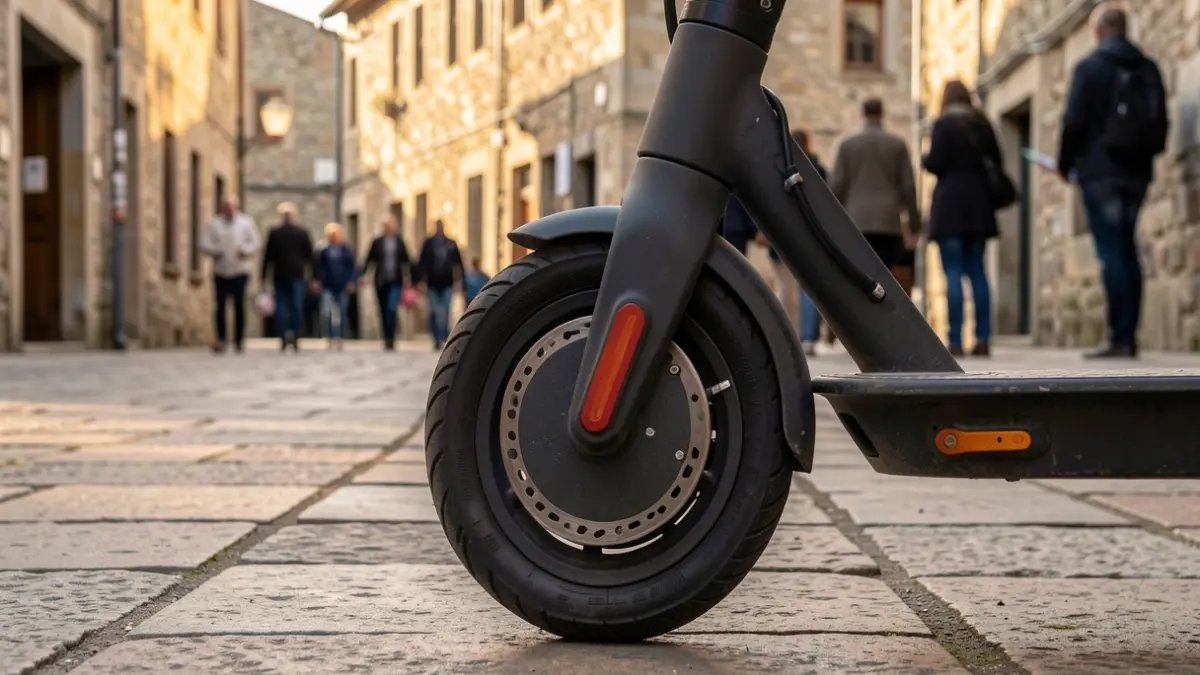 Close-up of an electric scooter wheel parked on a stone-paved sidewalk, with traditional stone buildings in the background and warm evening light.