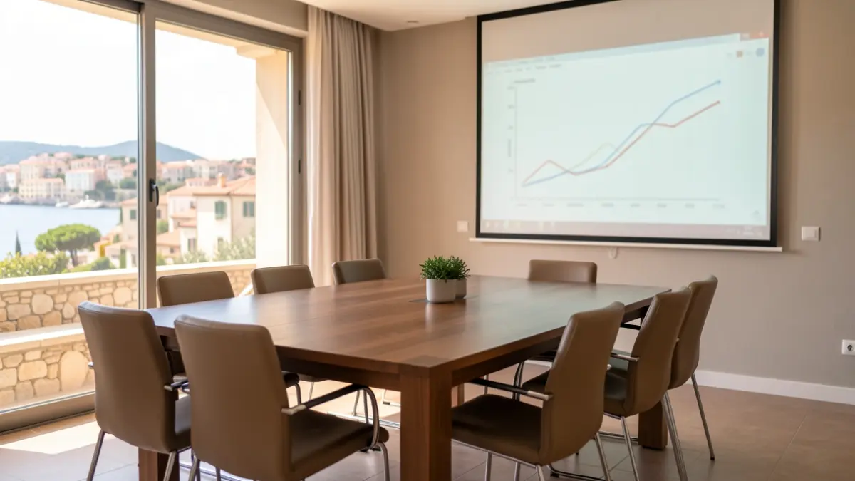 Imagen genérica de una sala de reuniones con vistas a una ciudad costera mediterránea.