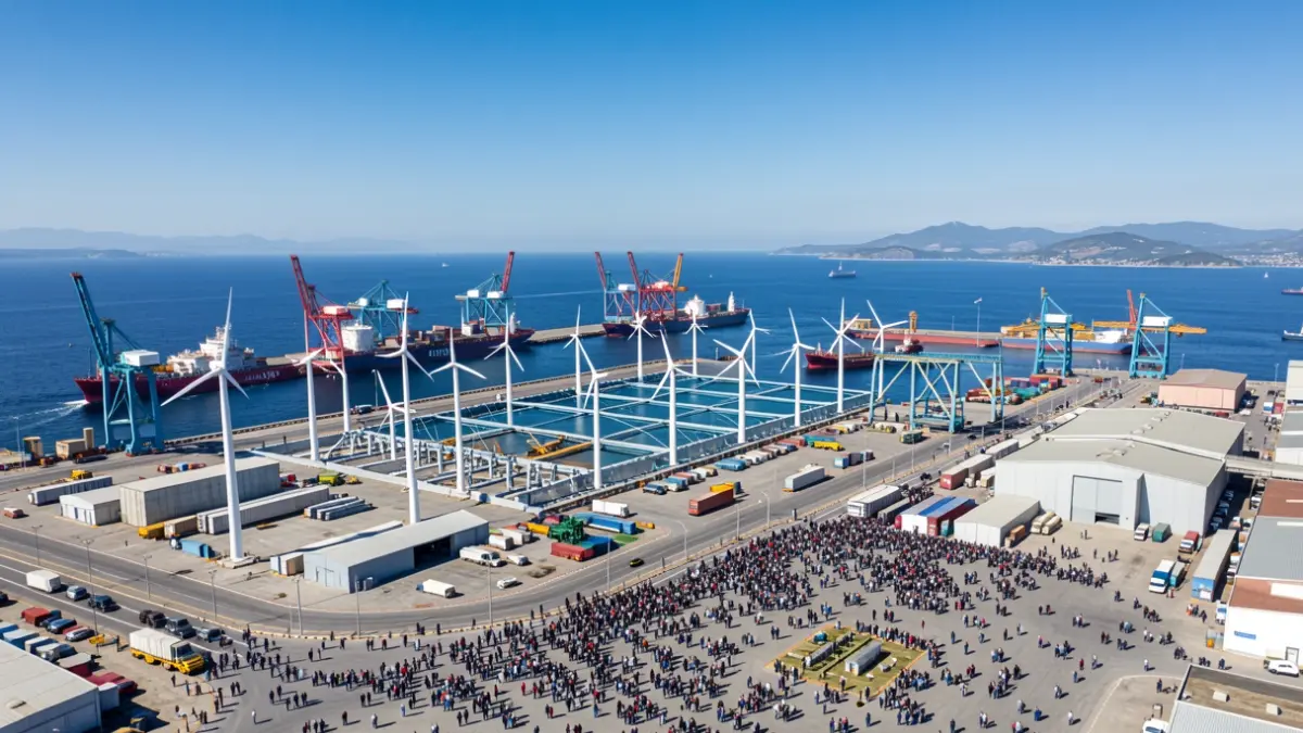 Vista aérea de un puerto industrial con infraestructuras para la energía eólica marina.