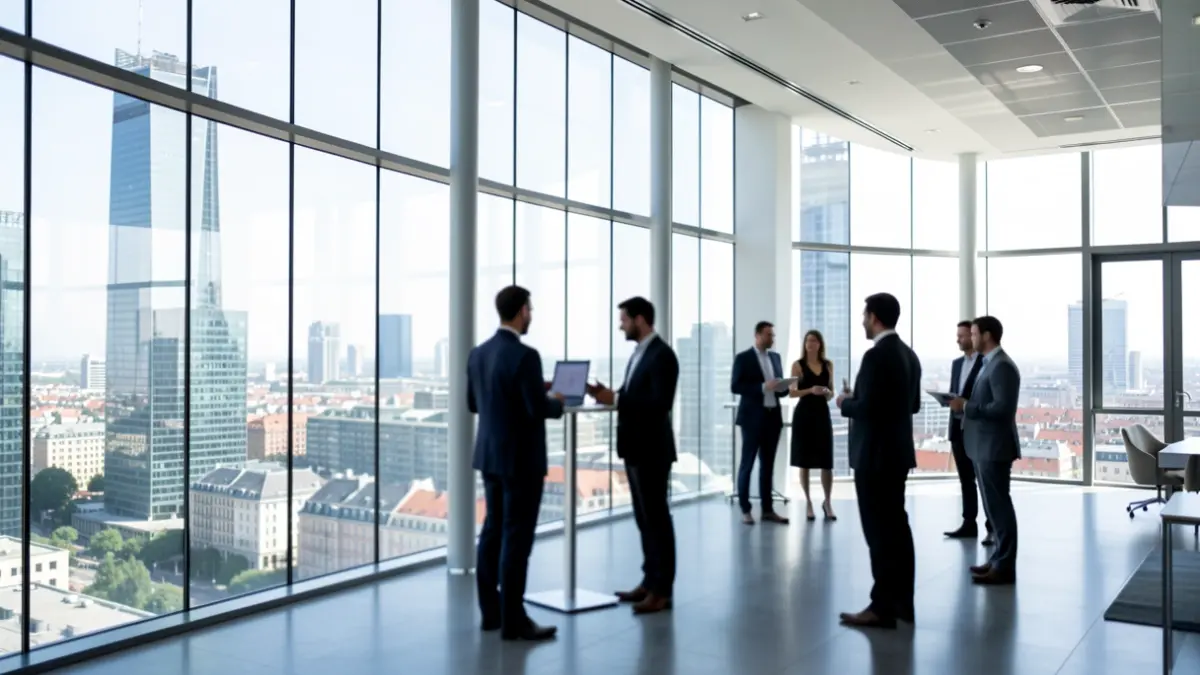 Interior de un centro de negocios moderno con profesionales haciendo networking.