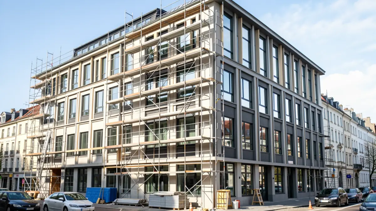 Fachada de edificio de oficinas en proceso de renovación en Sevilla.