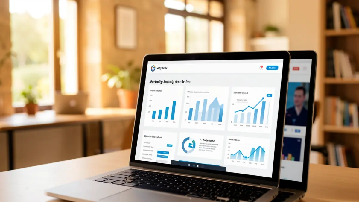 Generic image of a computer displaying digital marketing and artificial intelligence graphics.
