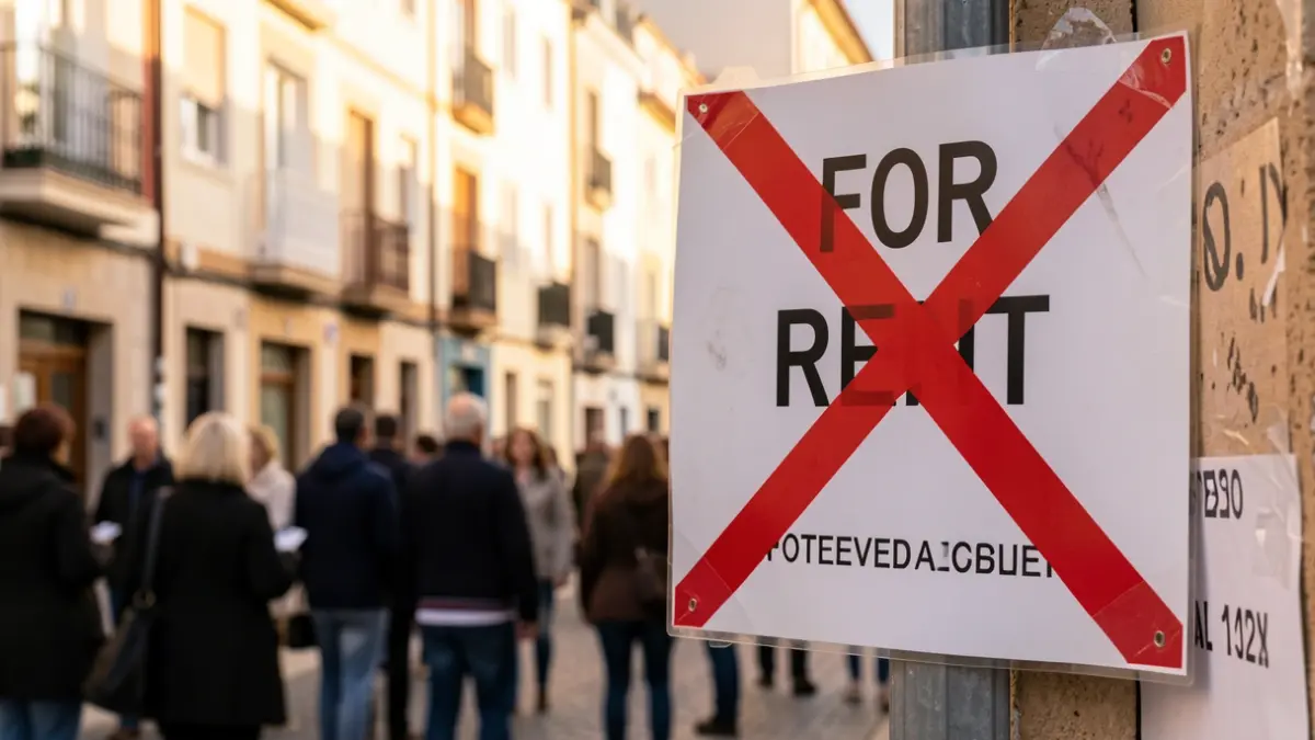 Imagen de un cartel de 'Se Alquila' tachado sobre un fondo de edificios de pisos en Pontevedra.
