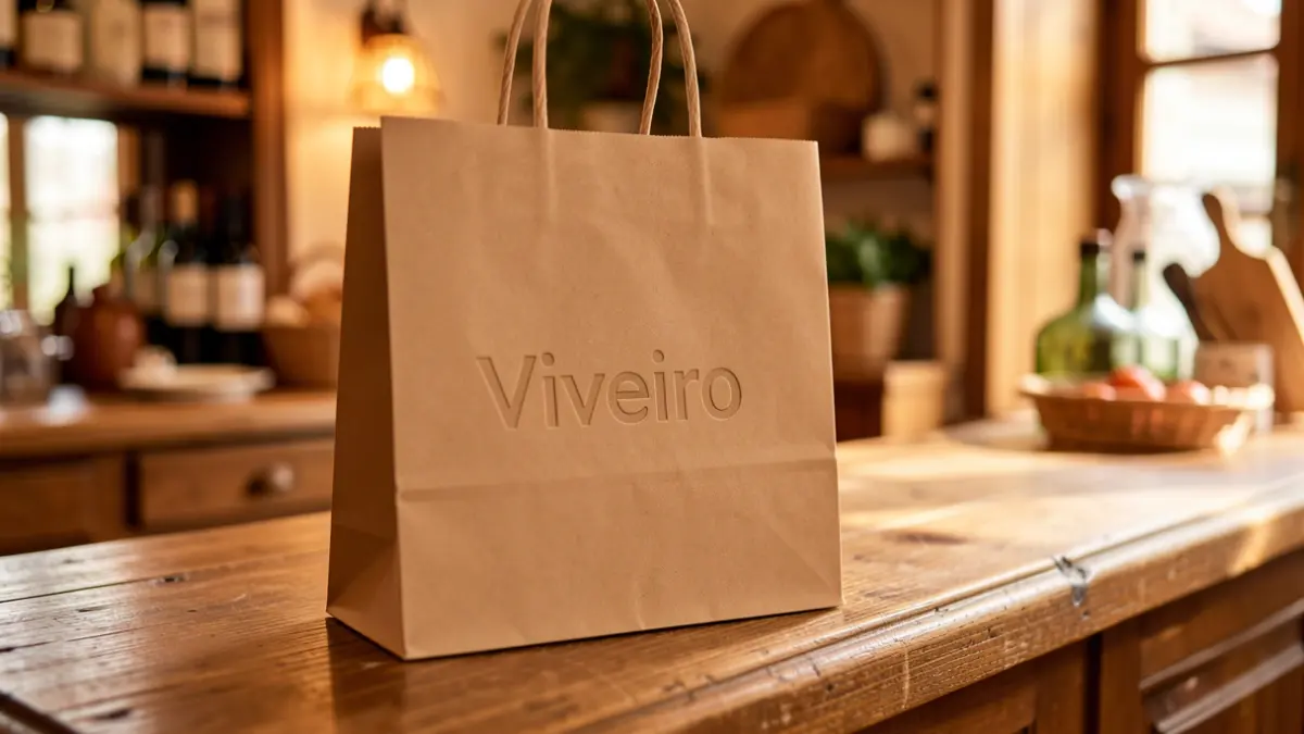 Imagen genérica de bolsa de compra con texto 'Viveiro' en relieve sobre un mostrador de madera.