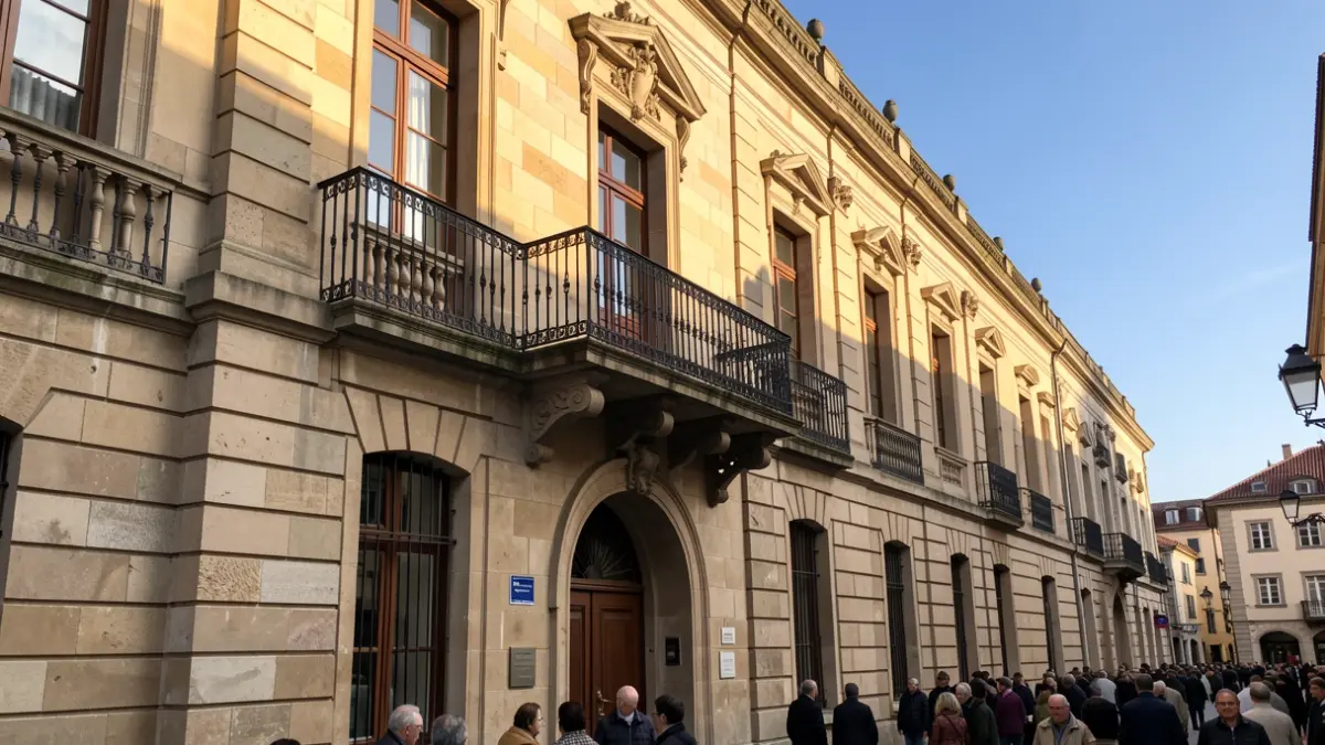 Imagen genérica de un ayuntamiento de piedra con balcón ornamentado y barandillas de hierro, cálida luz solar de la tarde proyectando sombras en las paredes de arenisca, cielo azul.