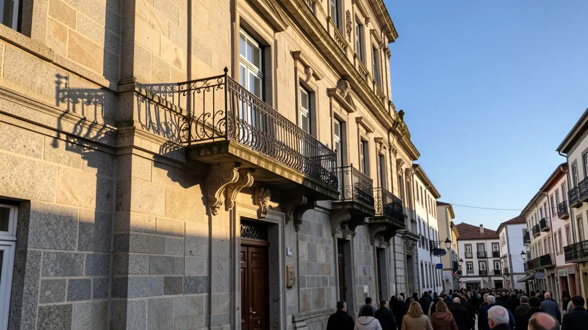 Imagen genérica de un ayuntamiento de granito gallego con balcón de hierro y luz solar.