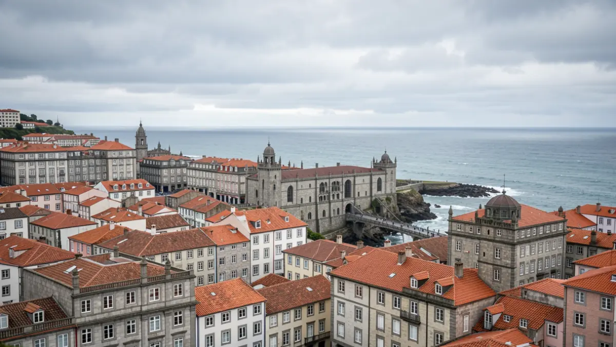 Imagen genérica de una ciudad gallega con arquitectura de granito y el mar de fondo, bajo un cielo nublado.