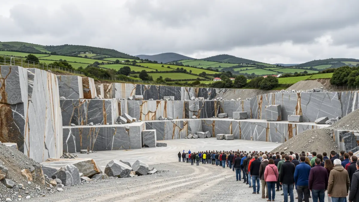 Imaxe xenérica dunha canteira de granito en O Porriño, Galicia, con bloques de pedra natural e outeiros verdes ao fondo.