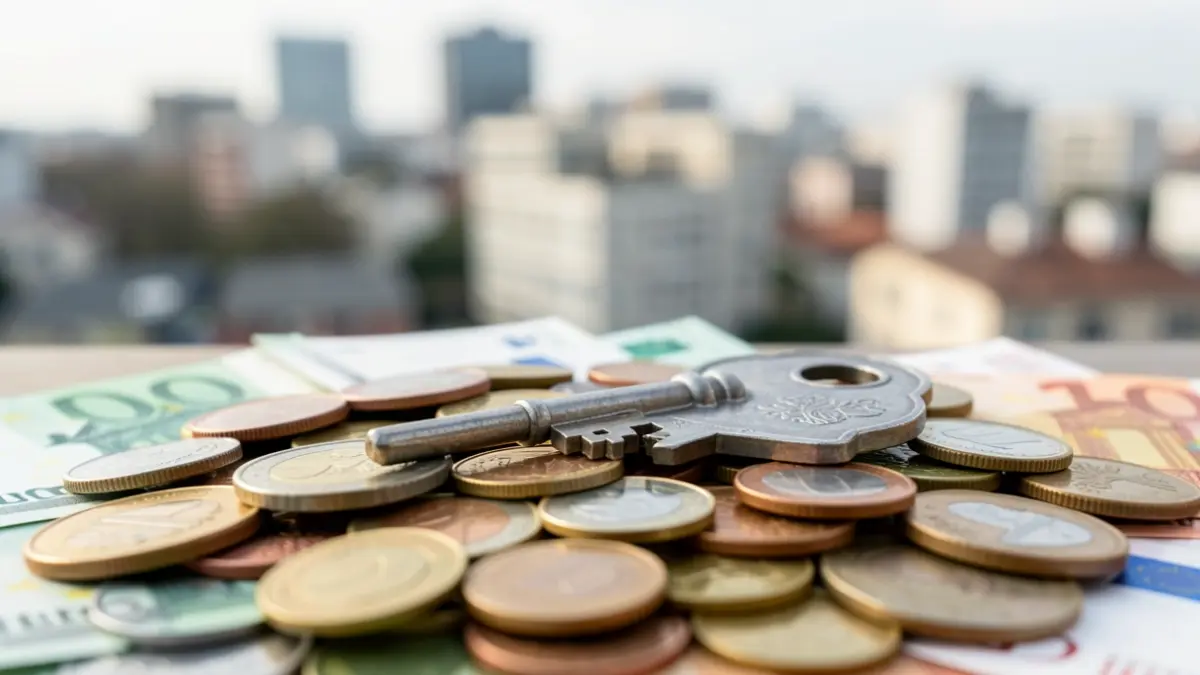 Imagen genérica de una llave de vivienda española sobre monedas y billetes de euro, con un paisaje urbano difuminado al fondo.