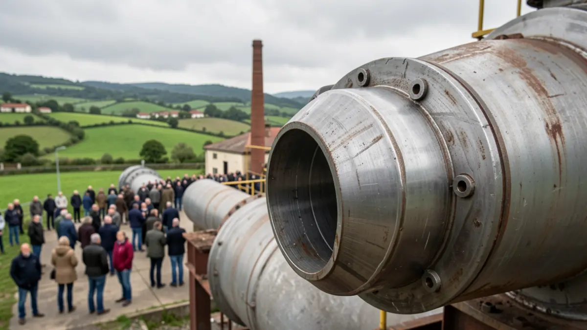 Imagen de una gran tubería de acero industrial en un paisaje gallego.