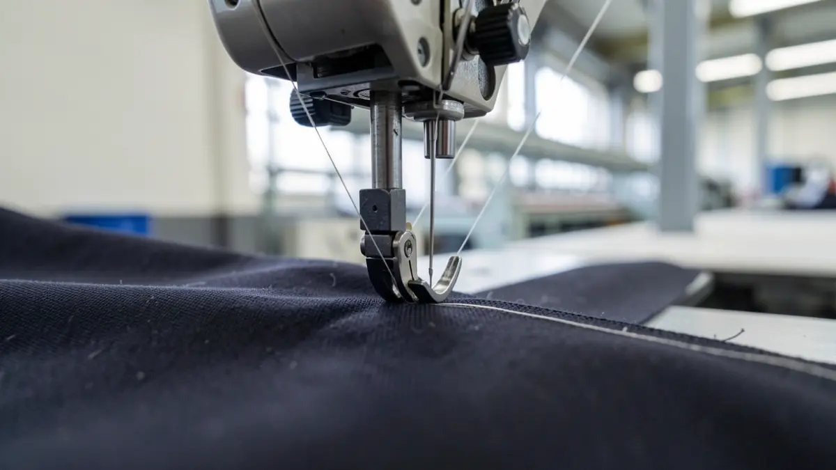 Primeira dunha máquina de coser moderna, enfocando a agulla e o tecido.