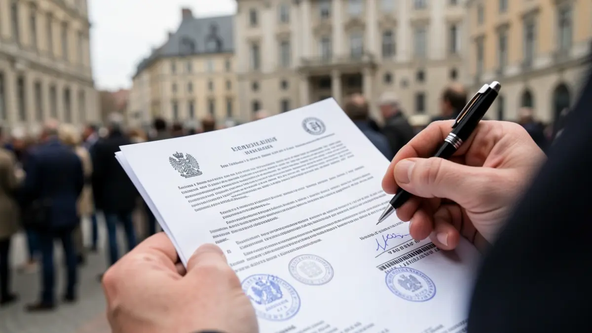Imaxe dun documento legal cun selo oficial e unha man cun bolígrafo.