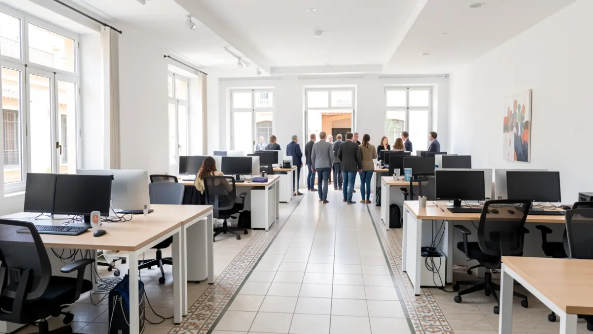 Imagen genérica de un espacio de coworking moderno con oficinas y luz natural.