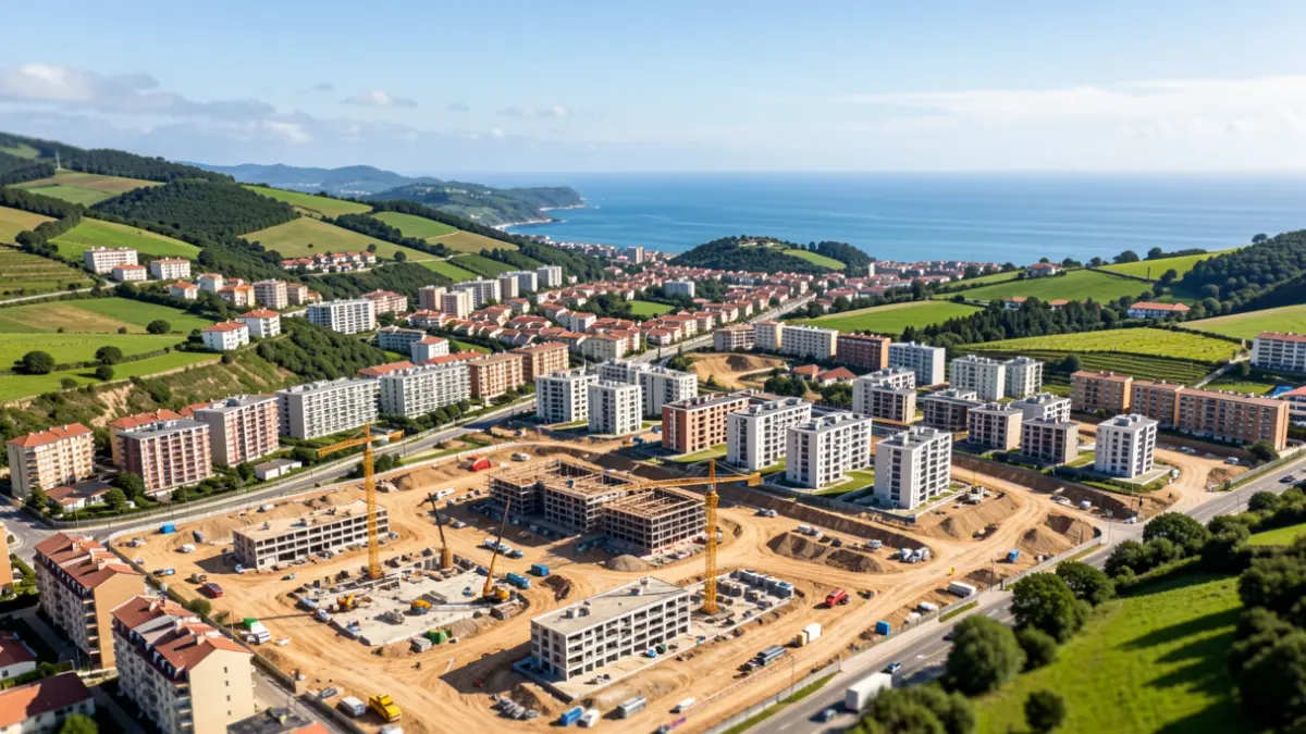 Vista aérea de una zona urbana en desarrollo en Galicia con grúas y bloques de viviendas.