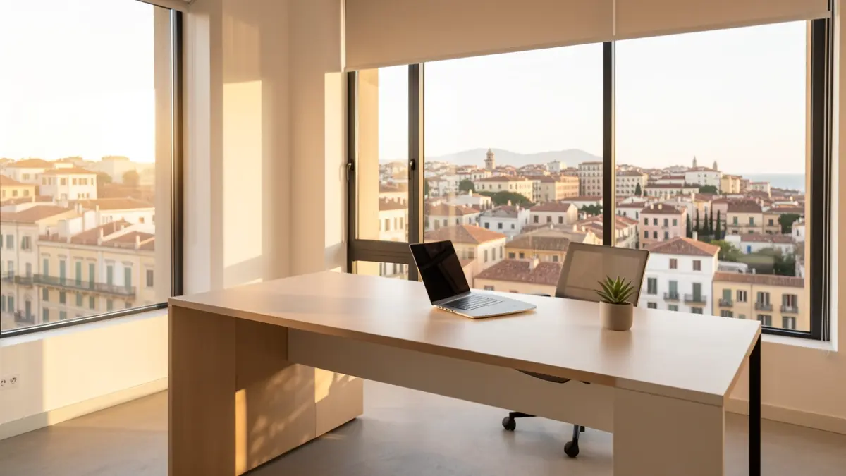 Imagen genérica de un espacio de trabajo moderno con vistas a la ciudad.