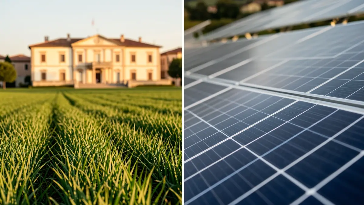 Imagen genérica de paneles solares en un campo agrícola con un ayuntamiento al fondo.